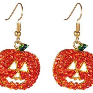 Red Halloween pumpkin earrings featuring hypoallergenic crystal dangles